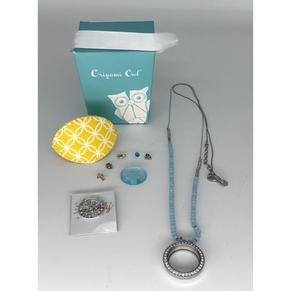 Origami Owl Living Locket Long Necklace Swarovski Crystal Charms Blue Beaded NEW
